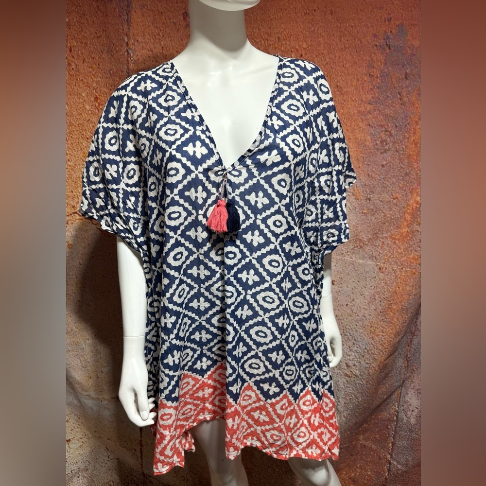Navy, white & coral tunic swim coverup